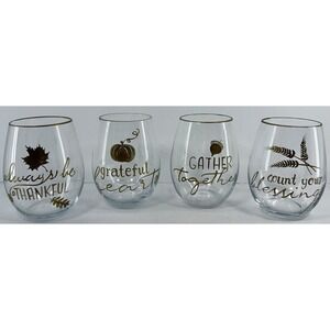 Pier 1 Imports Fall Stemless Wine Glasses Set of 4 Thanksgiving Hand Painted NIB